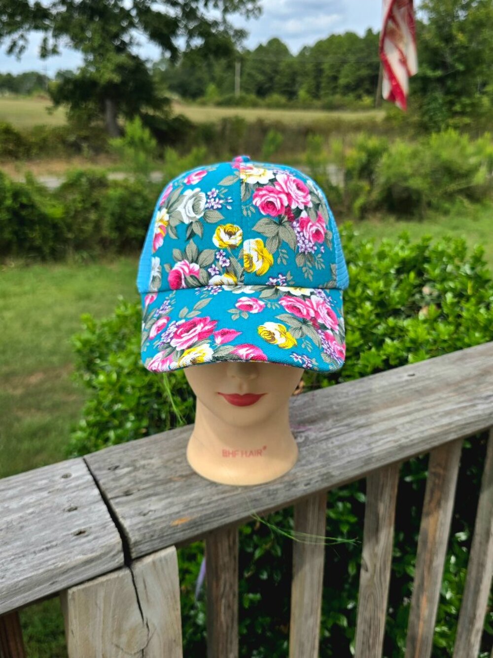 Ladies Turquoise & Blue Flower Trucker Hat